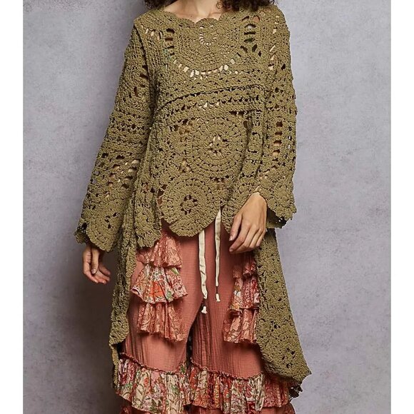 POL Boho Weave Crochet Pullover Sweater Olive NEW - Picture 2 of 5